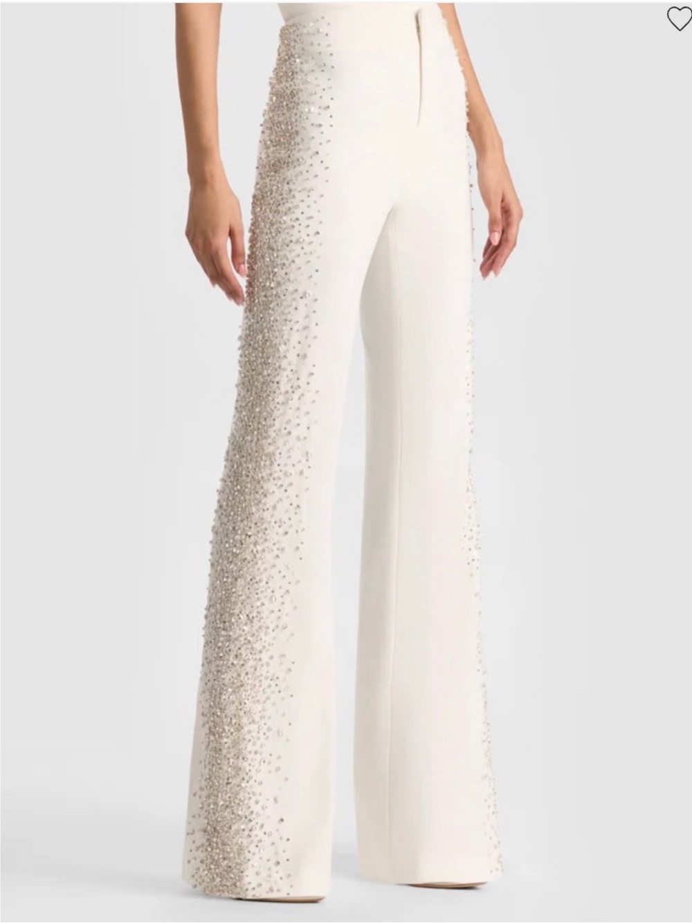 Alice + Olivia White Wide-Leg Pearl-Embellished Pants